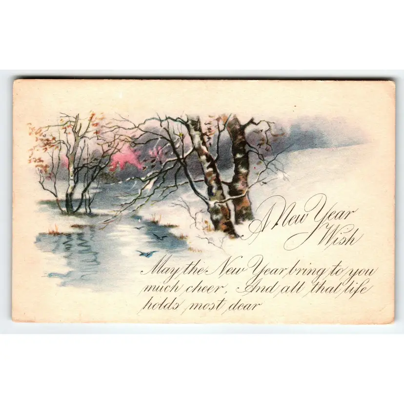 New Year Postcard Snow Covered Rustic Pond Trees Birds Gartner & Bender 1921