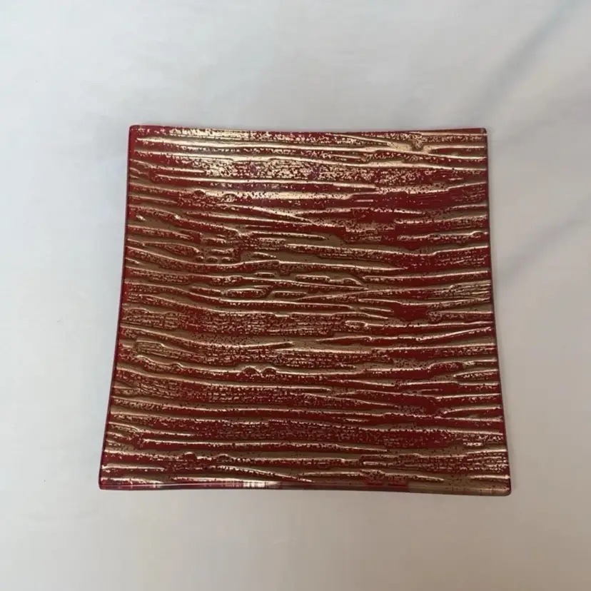 Red And Gold Square Decorative Plate With Striped Pattern 8x8”