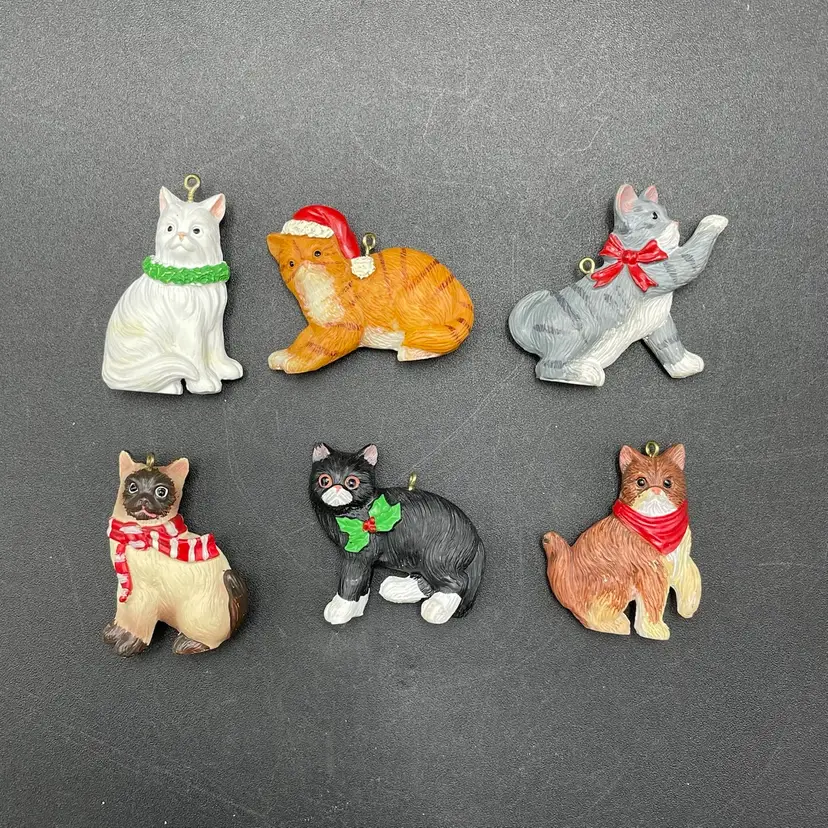 Miniature Cat Kitten Kitty Hanging Christmas Ornaments Set of 6 Holiday Decor