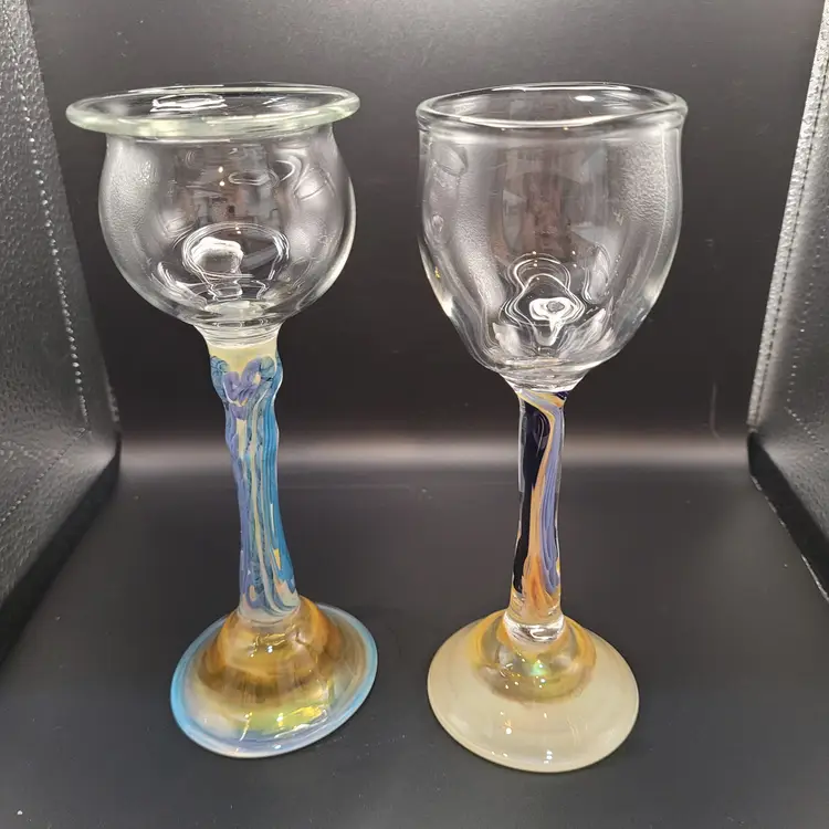 2 Votive Candle Holders Clear Glass W/Stemmed Abstract Base 7.25 in Tall