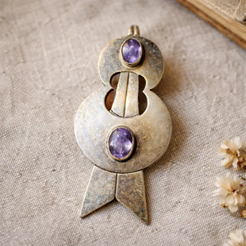 Incredible Navajo Sterling and Amethyst Modernist Rocket Brooch 2.75” Signed LEX