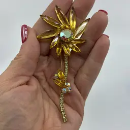 Yellow AB Rhinestone Flower Statement Brooch 4” Glows