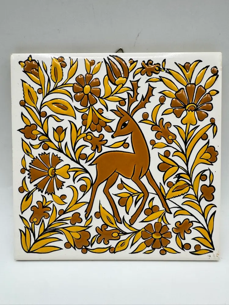 Vtg Greek Philkeram Johnson Handmade Ceramic Tile Stag Deer Foliage Motif 6"x6"