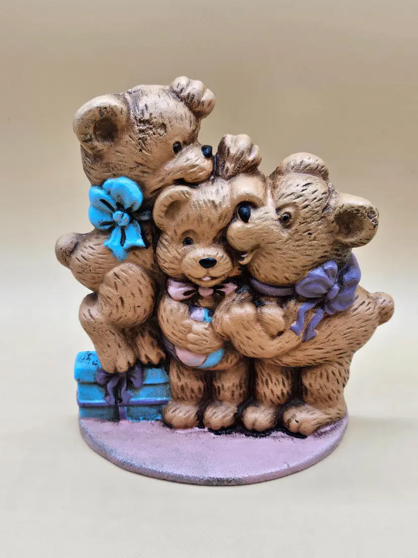 Vintage Cast Iron 3 Teddy Bears Painted Door Stop Figurine 7.5"H