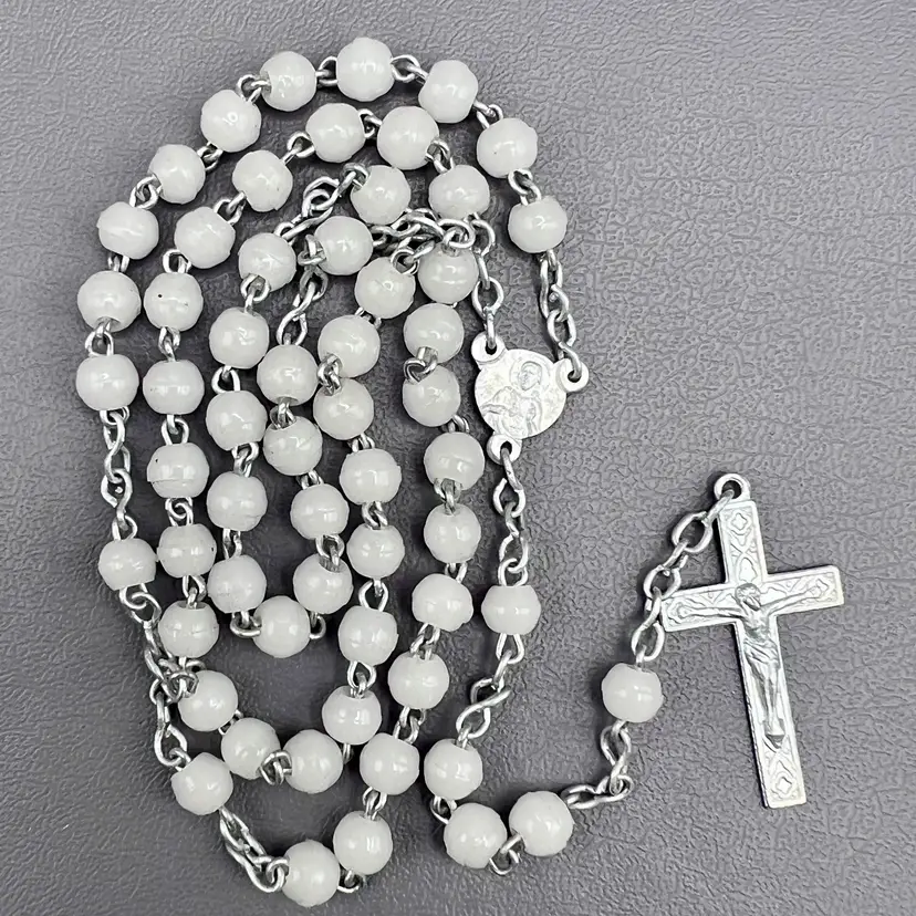 Vintage White Plastic Beads Rosary Crucifix France Catholic 14" Small