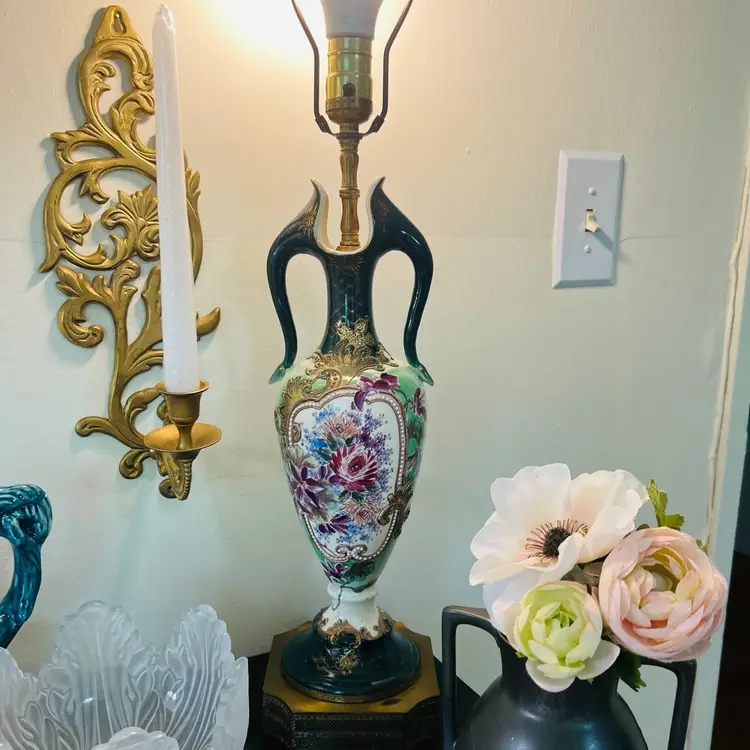 Vintage Urn Floral Lamp Green Maroon Gold and Brass Base No Shade