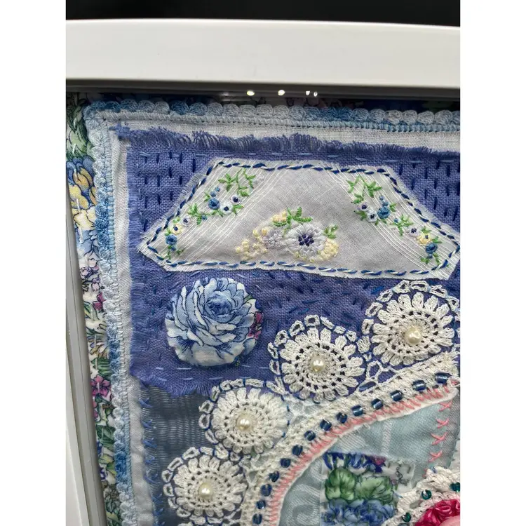 Made By Me Hand Sewn Fabric Collage Framed Art “Hankies And Lace”