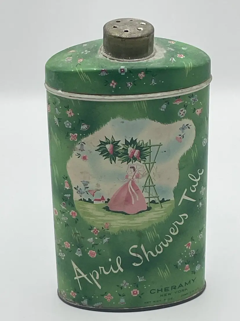 Vintage “April Showers Talc”Metal Shaker, Cheramy NY 