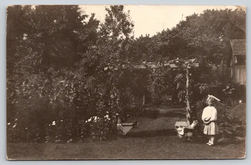 Postcard RPPC Young Girl by Rose Garden Arbor Real Photo Darlund Garden 1909 - 9145