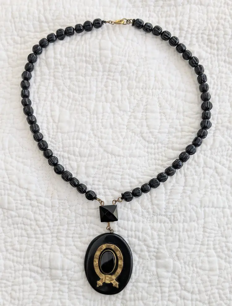 Antique Victorian Black Mourning Necklace with Black Beads and Pendant
