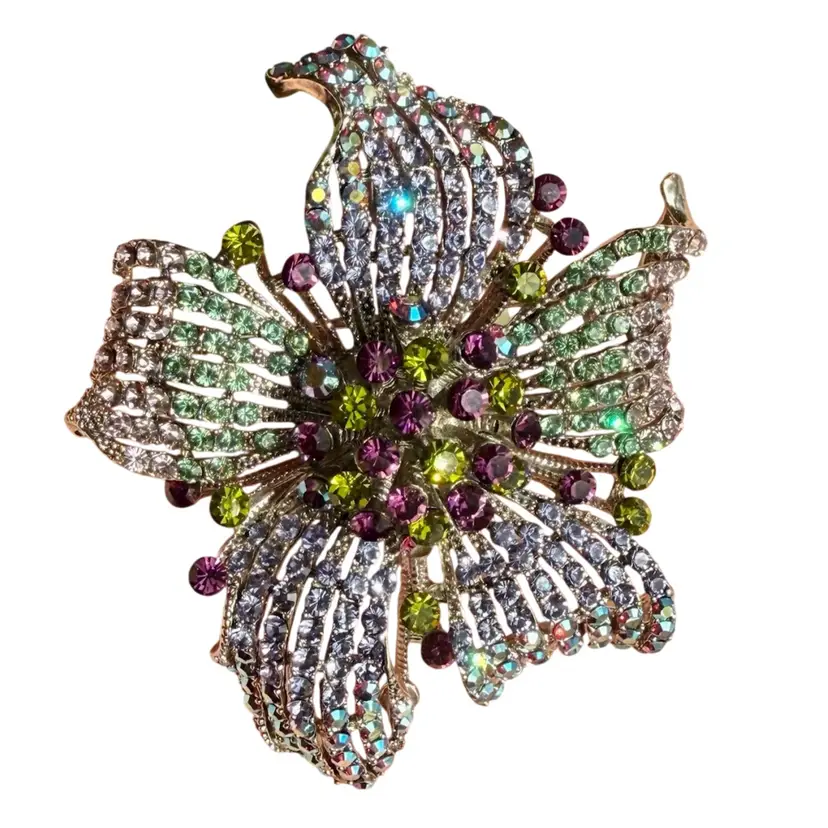 Signed C6 Silver Tone Rhinestone Flower Brooch (Pendant Optional) | Purple Green