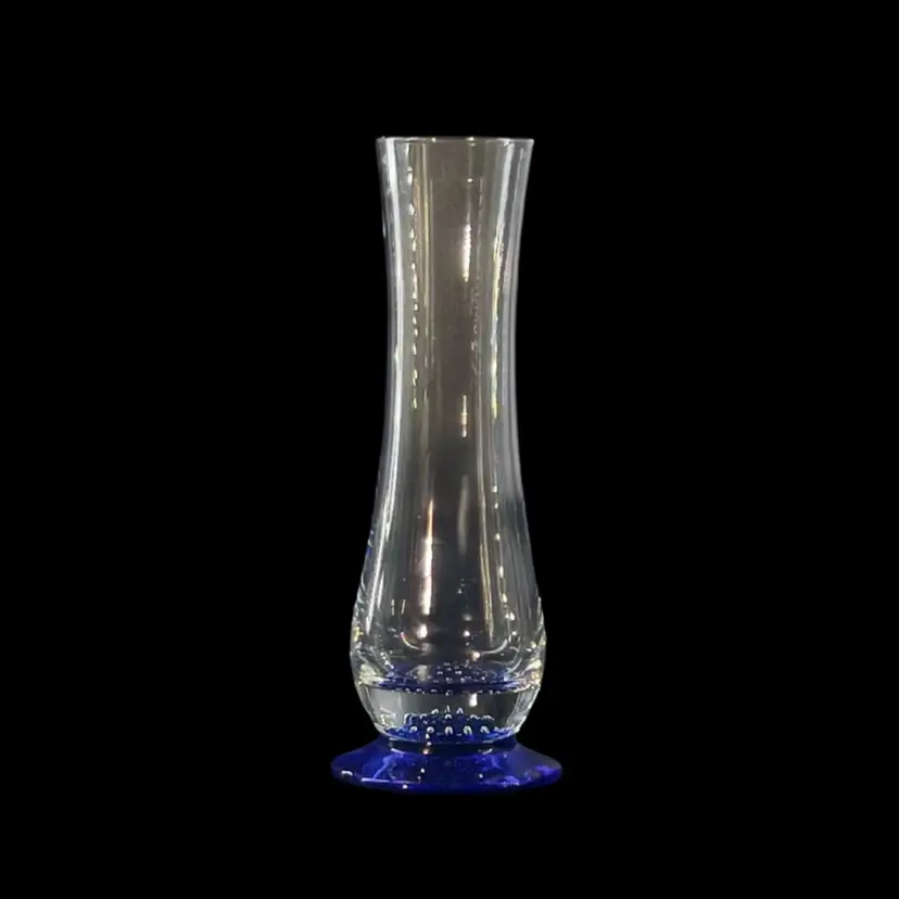 Bormioli Rocco Bud Vase Turandot Pattern Clear Blown Glass W/ Cobalt Blue Controlled Bubble Footed Base