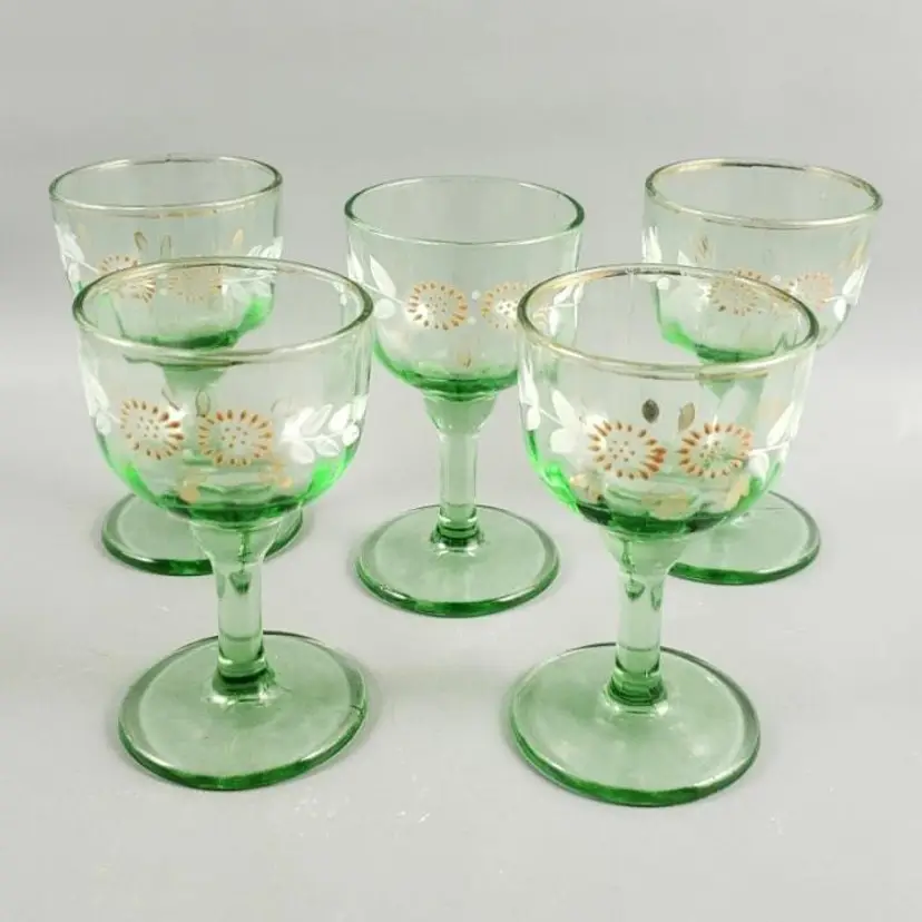 Vintage Art Deco Green Optic Hand Painted Enamel Pink Flower Cordial Glass Set