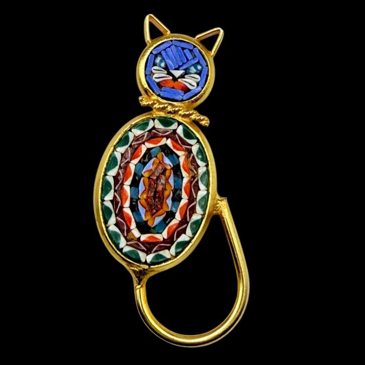 Cat Brooch Blue Head Micro Mosaic Multi Color Tiles Made In Italy Gold Tone 2 1/4"