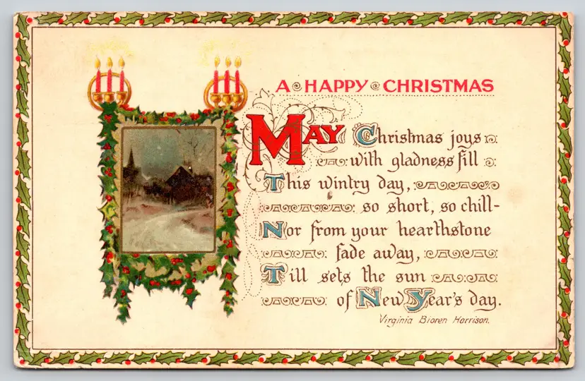 Postcard Happy Christmas Greetings Poem by Virginia Bloren Harrison Holly Winter - 14724