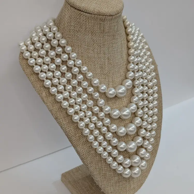 Vintage 6 Strand Faux Pearl Bib Necklace Graduated Hand Knotted Japan Mobwife