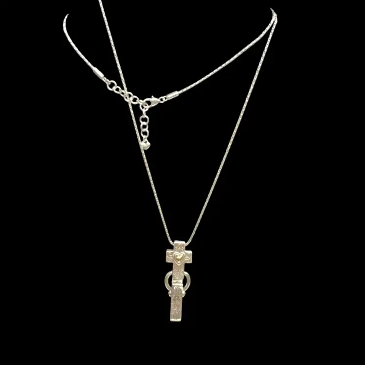 32” Brighton Chain With Silver And Gold Plated Cross With A Heart… ID, Key Holder, Use Like A Lanyard! 3” Extender