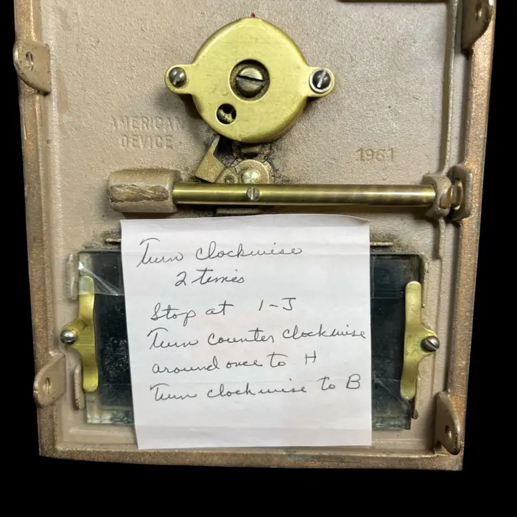 1961-American Device Embossed on back-Brass PO Box Door w/ Combination Lock