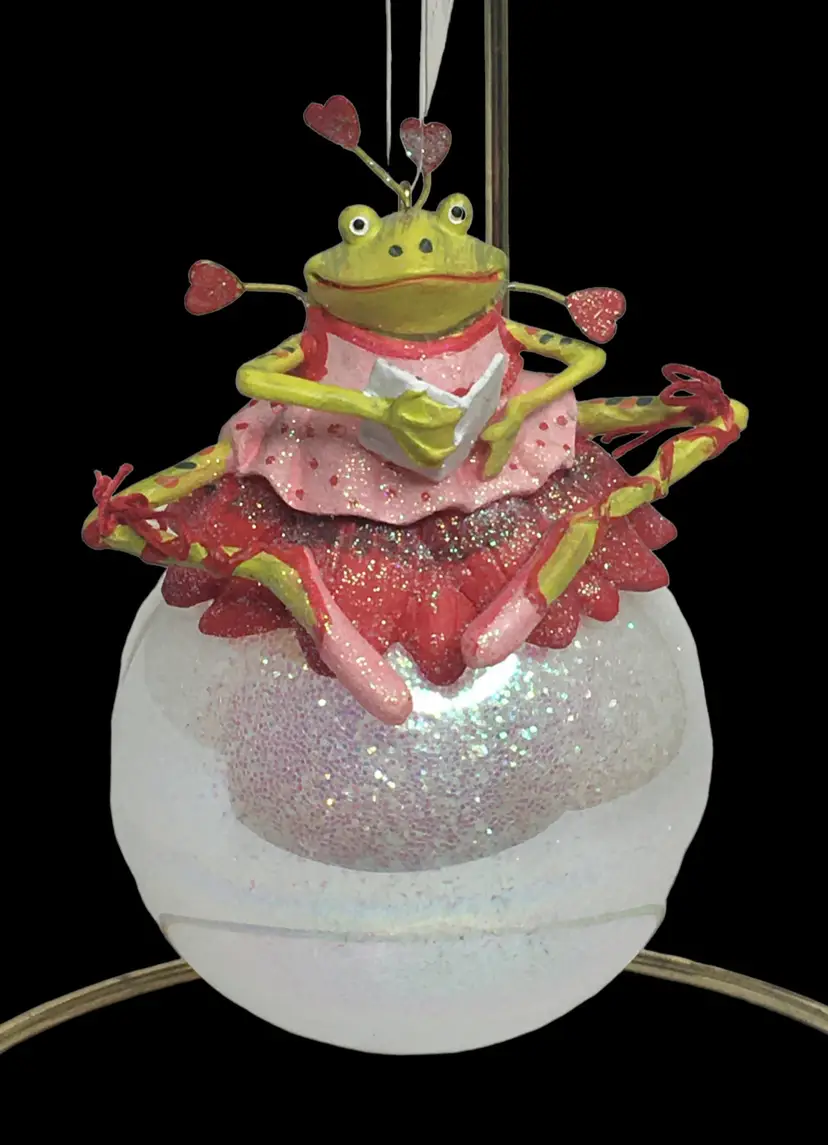 Department 56 Poinsettia Frog Ball Ornament 2004 Frog Reading Book on Ball