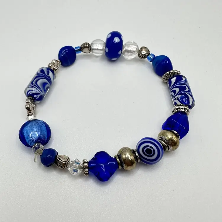 Lampwork Glass Beaded Stretch Bracelet Murano-style Cobalt blue and White