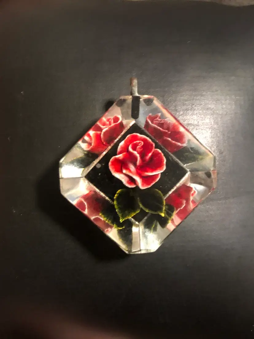 Vintage Lucite with Carved Red Rose Flower Necklace Pendant
