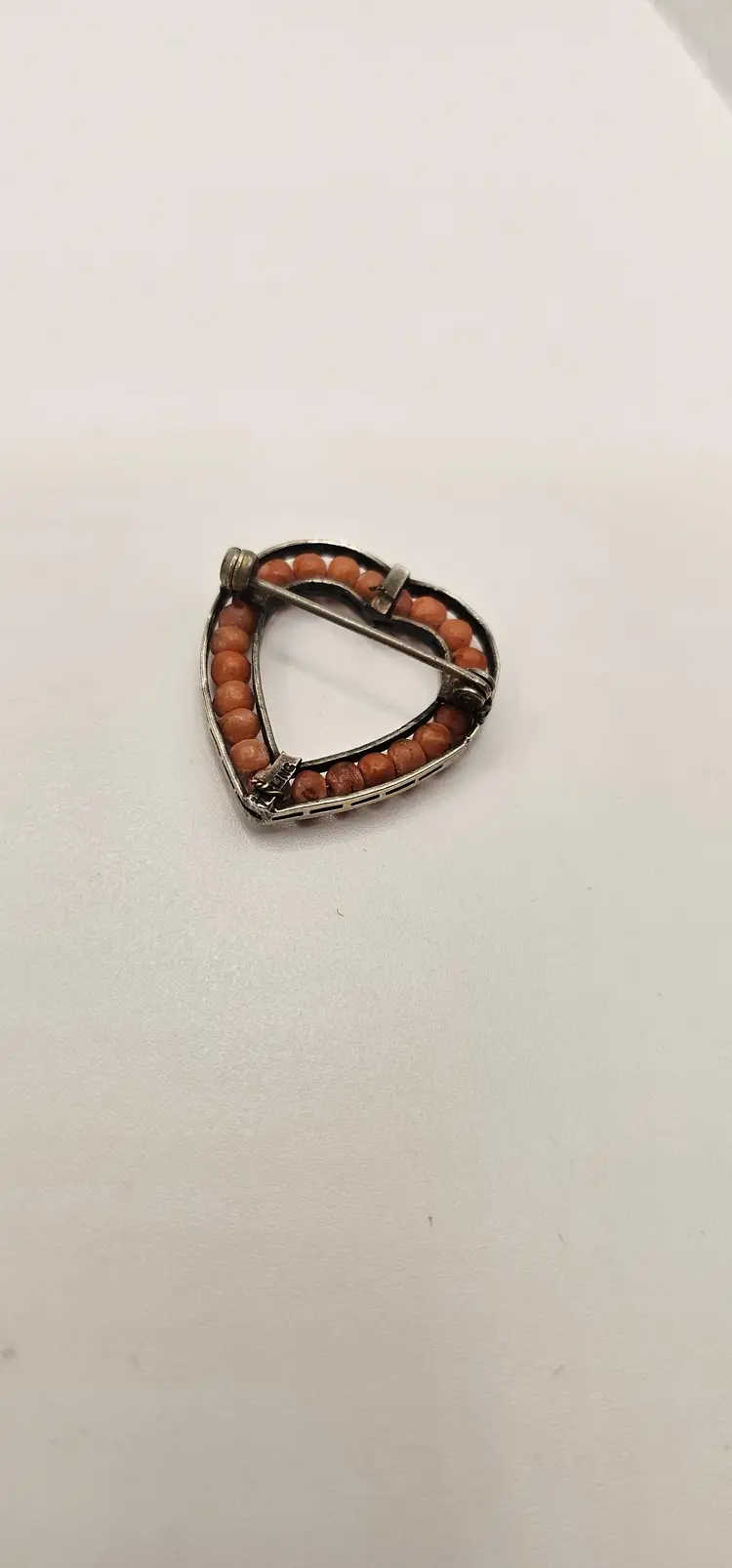 Antique Coral And Sterling Silver Heart Pin