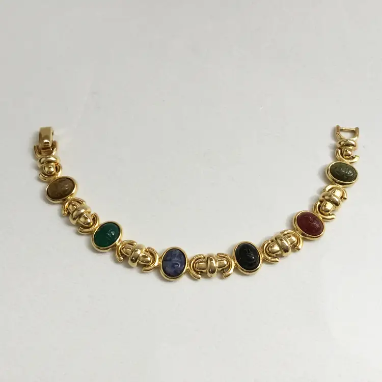 Vintage Weingeroff Scarab Egyptian Revival Multicolor Carved Stone Bracelet