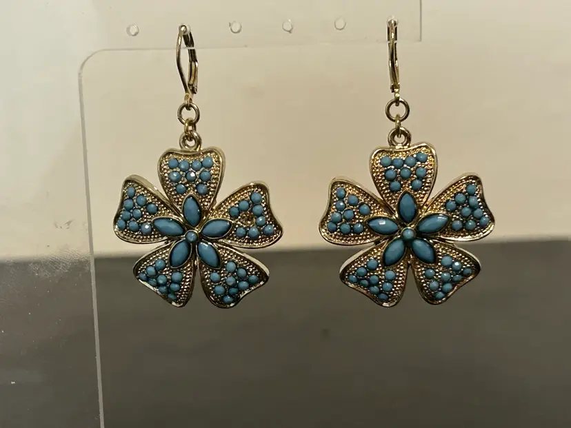 Vtg Turquoise & Gold Tone Flower Floral Drop Dangle Earrings (J203)