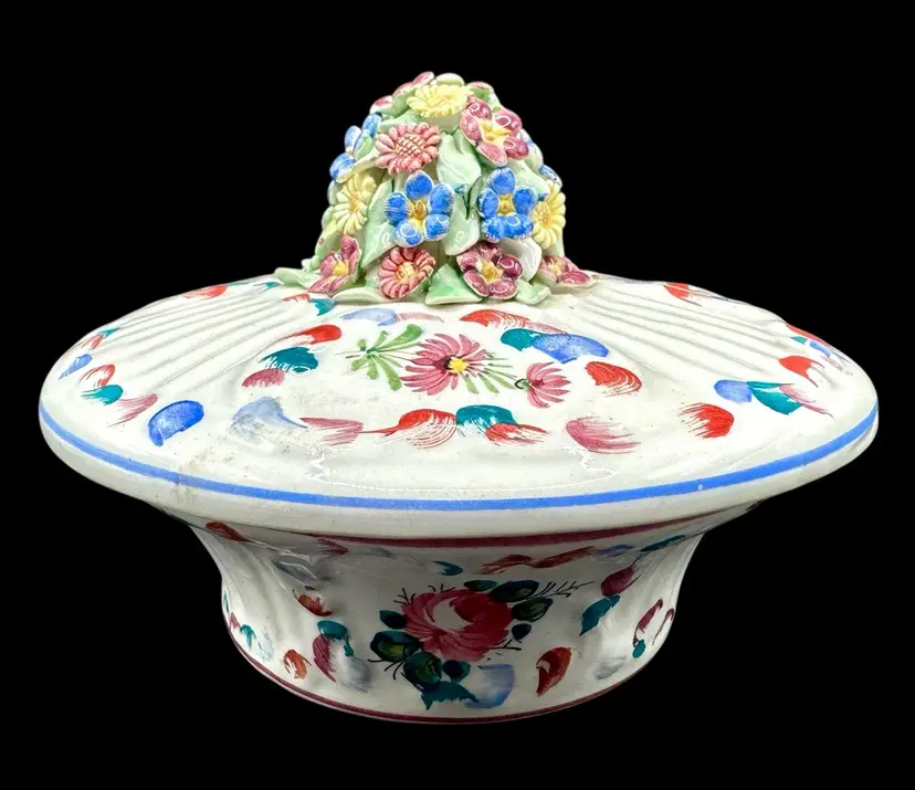 Vintage Italy Pottery Covered Bowl Dish Applied Flowers Floral White Pink Blue