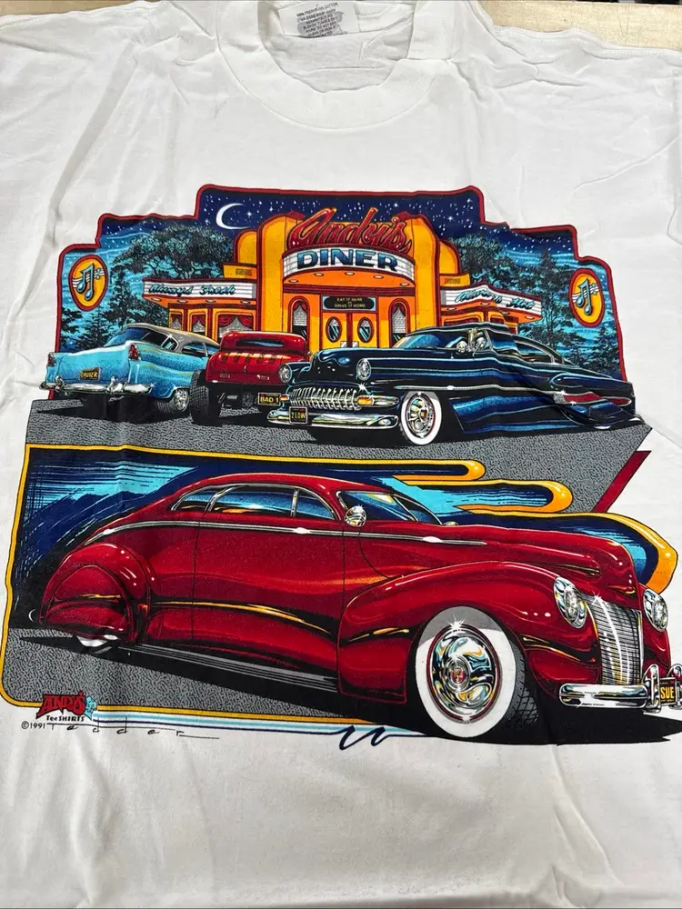 1991 ANDYS Dinner Classic Car Tee Shirt L USA Made Single Stitch NOS