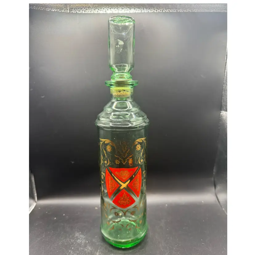 Vintage Old Fitzgerald Green Glass Decanter With Red And Gold Shield Design