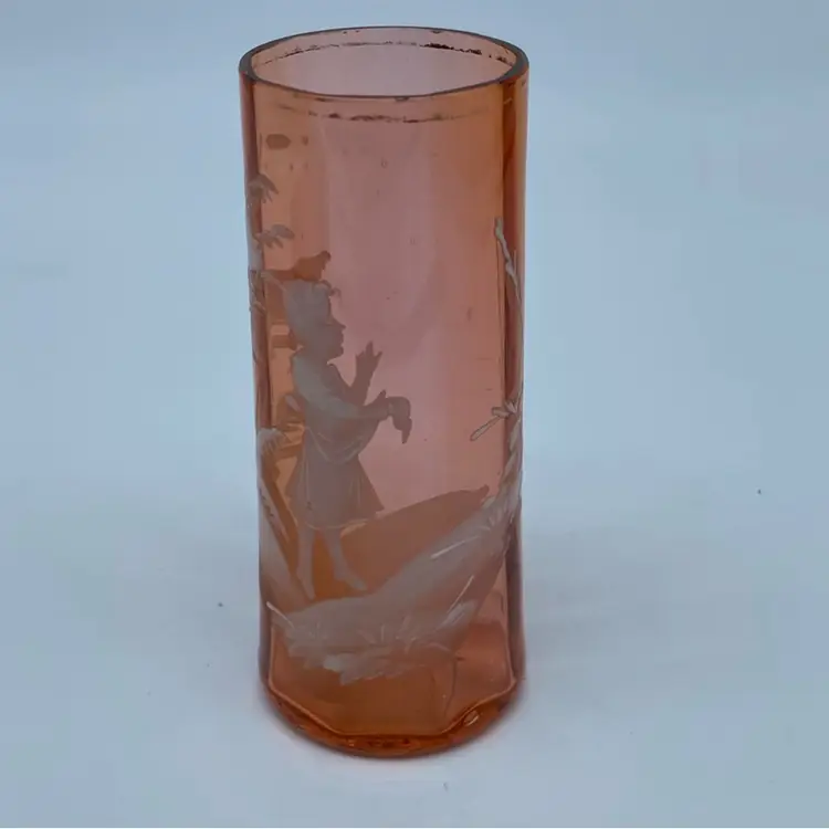 #0428 Apricot glass tumbler Mary Gregory with white enamel decoration.