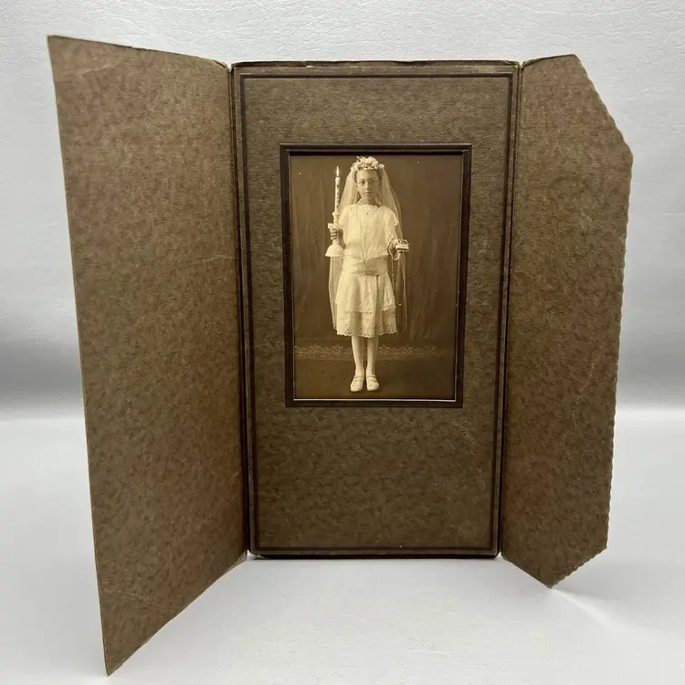 Antique Photo Young Girl First Holy Communion Confirmation Portrait Candle Bible Black & White