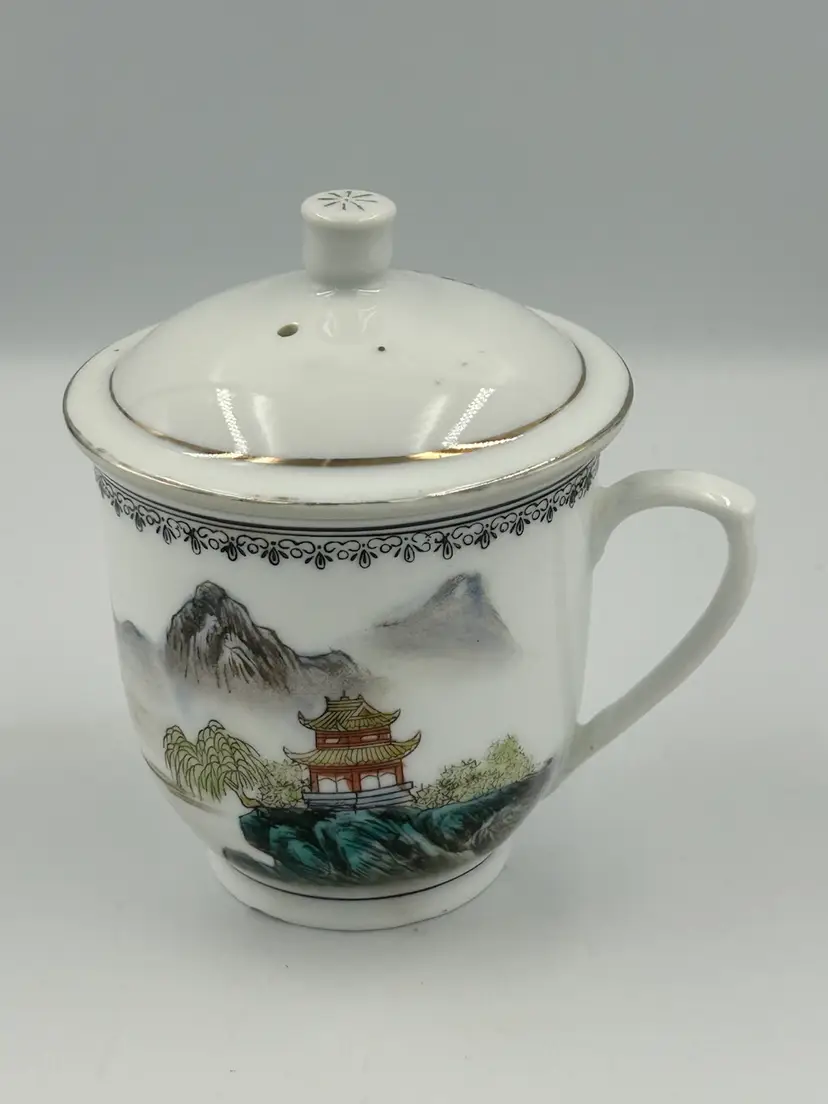 Vintage Jingdezhen Porcelain Teacup With Lid, Pagoda, And Landscape Design
