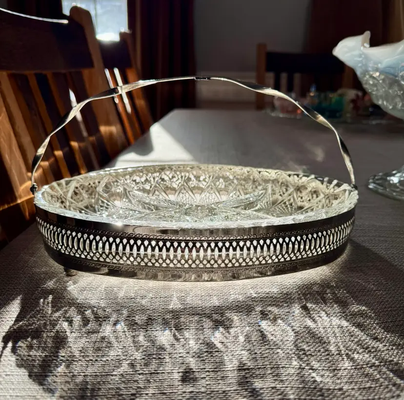Silver-Plated Divided Glass Serving Dish