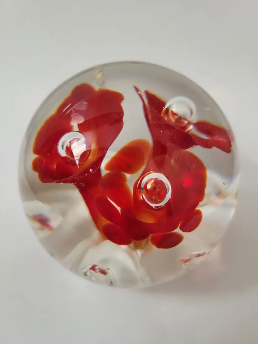 Vintage Red Floral Glass Paperweight