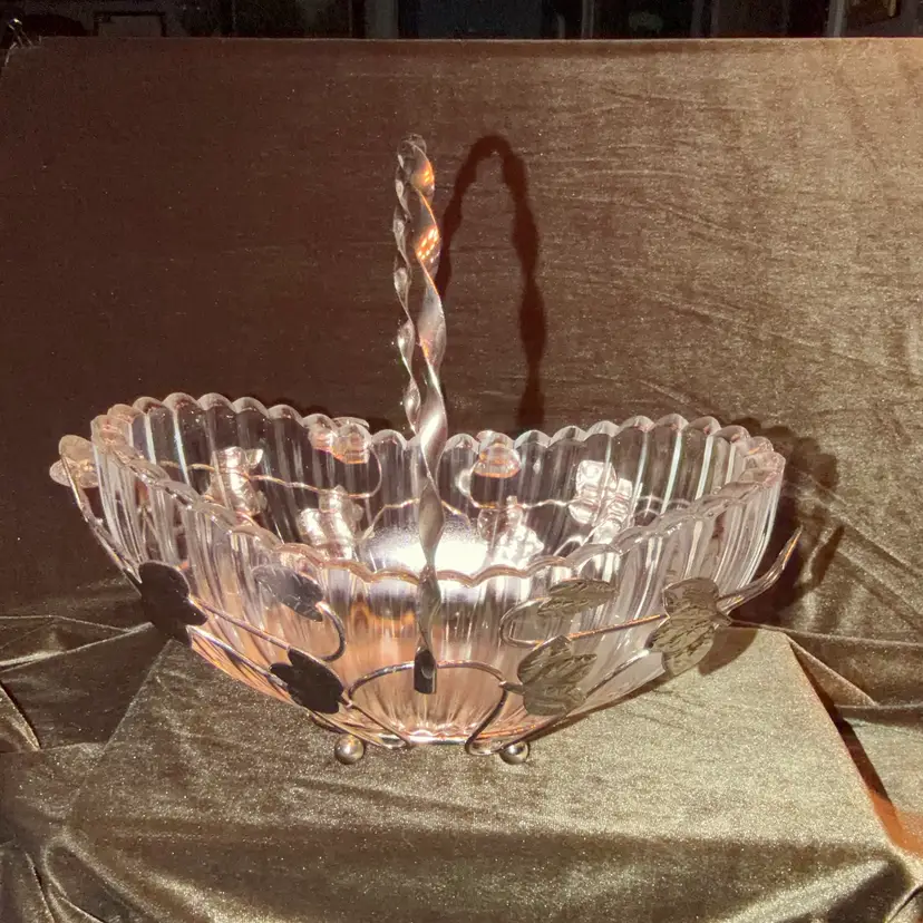 Gales of Sheffield Bridal Bouquet Holder Glass Metal Basket With Twisted Handle Romantic England