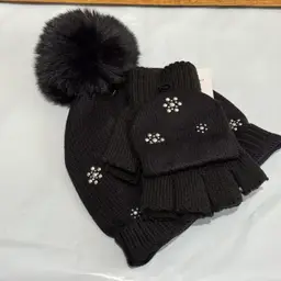 Pom Pom Hat Flip Mittens Set Holiday Time NWT Cozy Winter Warm Black