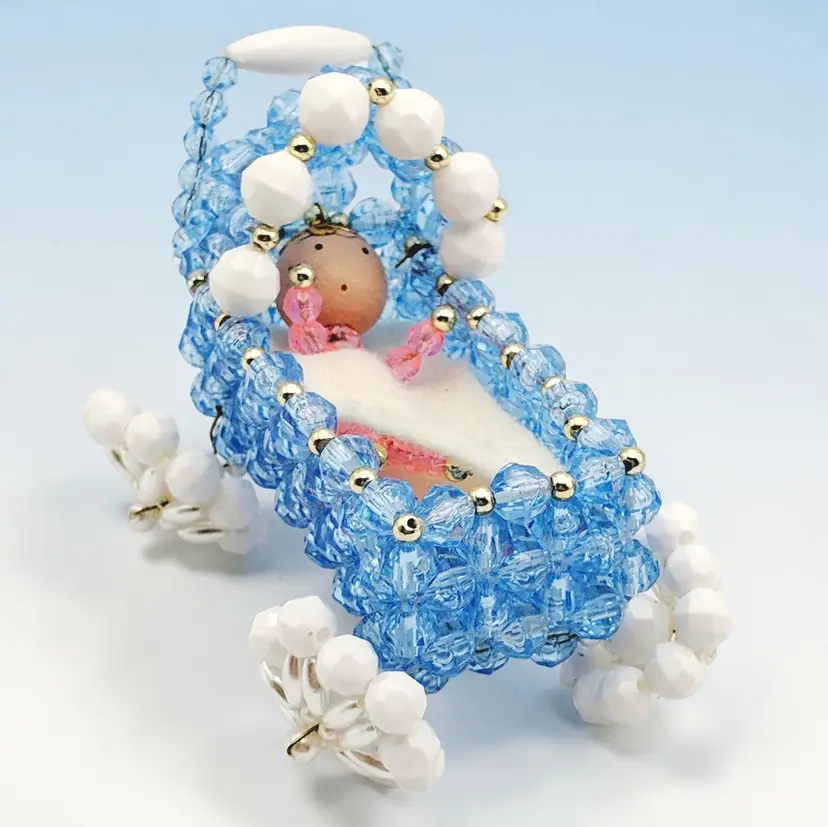 Dollhouse Miniature Cradle Handmade Beaded Blue With Pink Baby Doll Precious