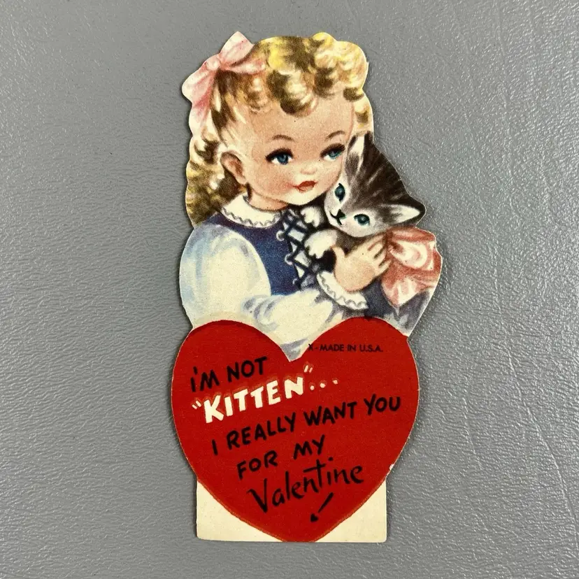 Vintage Valentine Greeting Card Die Cut Girl & Cat With Pink Bow I'm Not Kitten