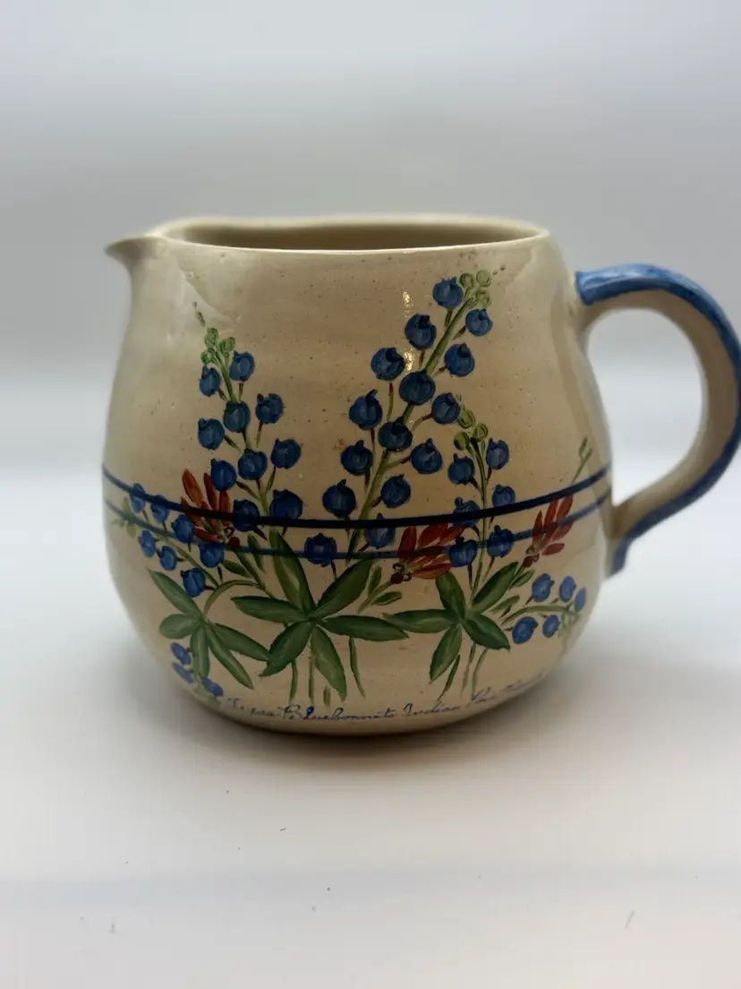 Stunning Hand Painted Texas Bluebonnets, Indian Paintbrush Pottery Pitcher - Signed 6”H