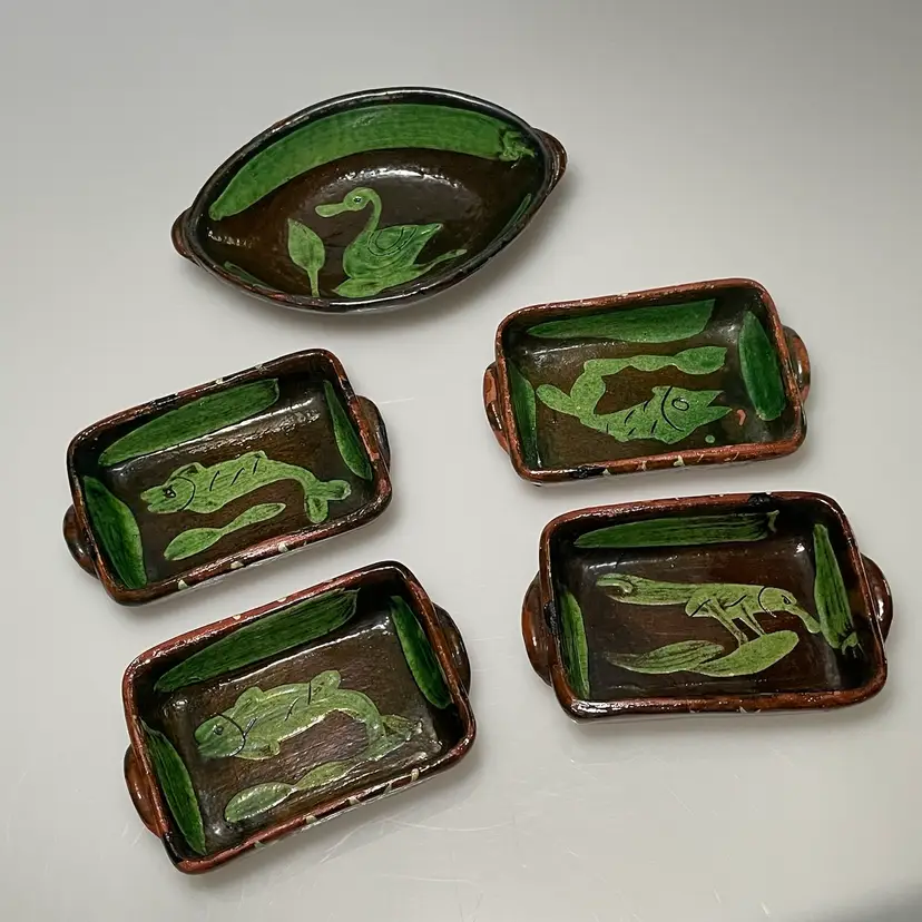 Mexican Patamban Michoacan Green Glaze Redware Pottery Condiment Set Vintage Swan & Fish