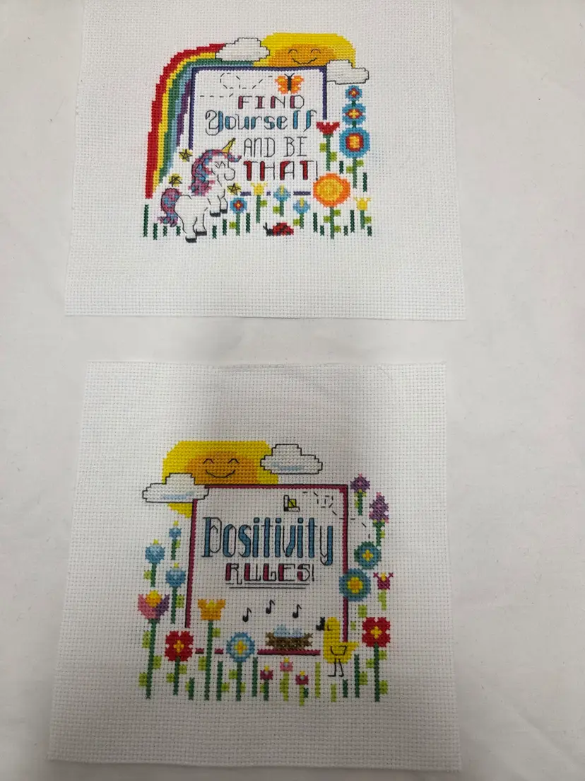 Lot of 2 New Finished Cross-stitched Pieces "Positivity Rules"" Find Yourself And Be That"