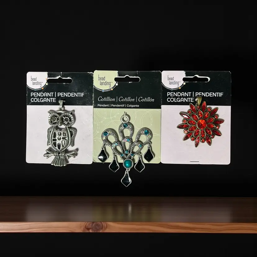 3 Bead Landing Pendants Owl / Peacock / Red Jeweled