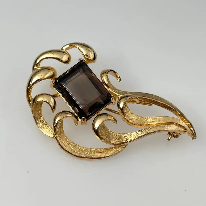 BROOKS Natacha Brooks Gold Plated GP Brooch w Faux Smoky Topaz Glass Cabochon 2"