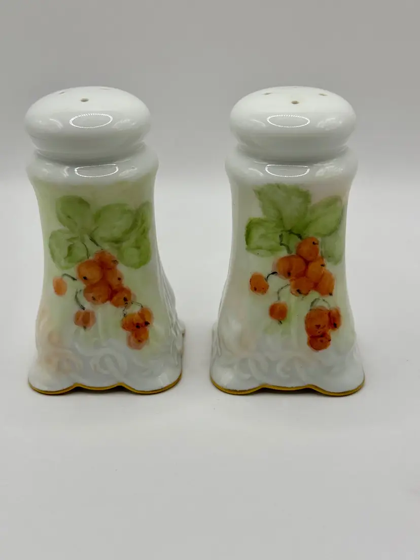 Vintage 1918 Zeh Scherzer & Co. Bavarian Porcelain Salt & Pepper Shakers, Hand-Painted Cherry Blossom Motif, Signed By M. Stephen’s