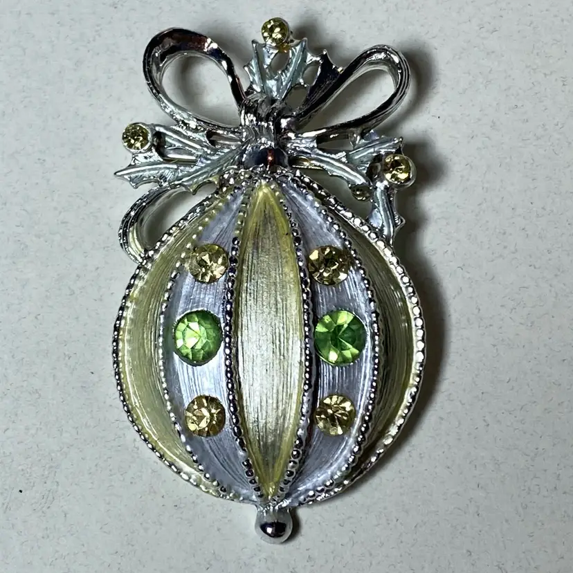 2.5” Silver Tone Rhinestone Enamel Ornament With Bow Pin Brooch
