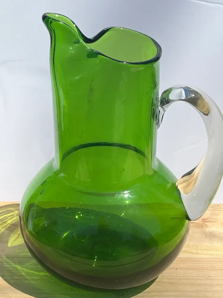 Vintage Hand Blown Bischoff Emerald Green Art Glass Pitcher 