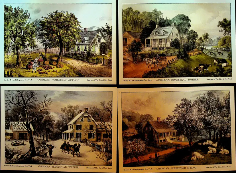 Currier & Ives Set of Four Lithographs American Homestead