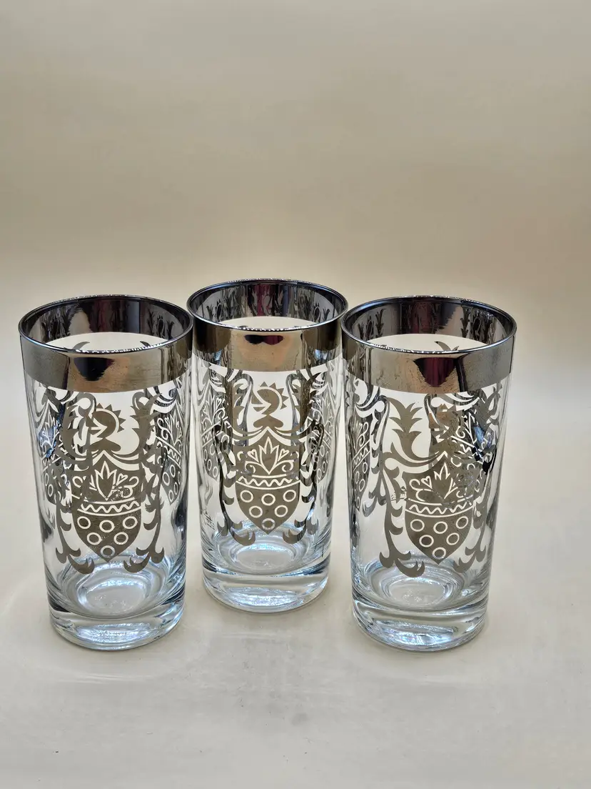 3 Kimito 5.75"H Silver Metal Overlay Coat of Arms, Banded Drinking Cocktail Glasses